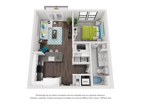 Floor plan for 1 bed, 1 bath, 702 sqft